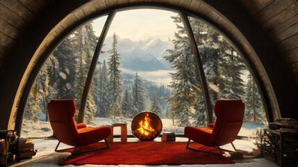 Inside a cozy, arc-shaped cabin with a roaring fireplace, two red chairs invite relaxation while offering a stunning view of a snow-covered forest and distant mountains.