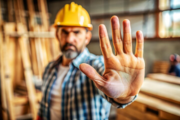 Construction Worker With Outstretched Hand, Caution Sign.