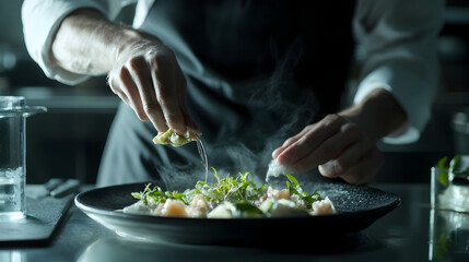 Hands of Professional Chef Preparing Delectable Gourmet Dish with Fresh Organic Ingredients