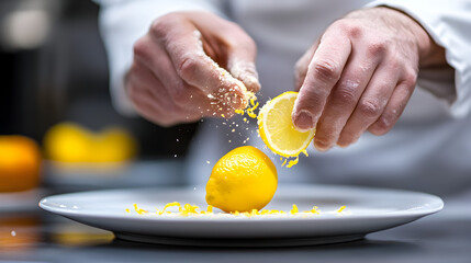 Chef s Hands Cutting Fresh Lemon on Plate for Culinary