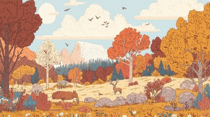 Wall Mural - Autumn Forest Landscape with Deer and Birds