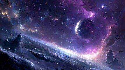 Wall Mural - a breathtaking view of a distant planet surrounded by vibrant cosmic colors and swirling galaxies in