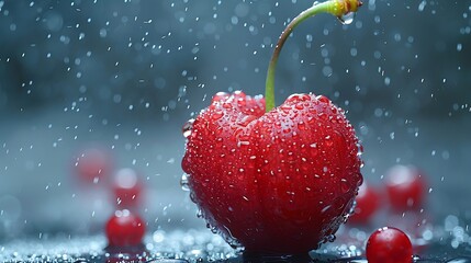 Wall Mural - Water droplets on a ripe cherry