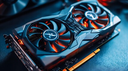 A close-up of a graphics card with two fans and glowing red lights.