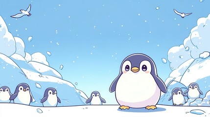 Sticker - Cute Cartoon Penguins in Snowy Antarctic Landscape