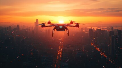 Wall Mural - Drone flying over city at sunset