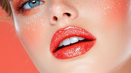 A close-up of a model's lips with a glossy finish, emphasizing beauty trends.