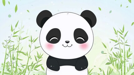 Canvas Print - Cute Cartoon Panda Bear with Green Bamboo Illustration