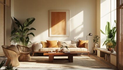 Wall Mural - Cozy minimalist living room with warm tones and greenery 1. Generative AI