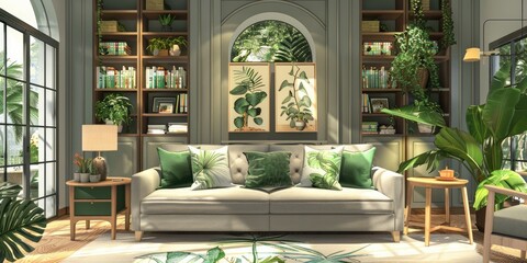 Botanical themed living room featuring a grey sofa green pillows and bookcase