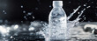 © kiewkoii - Close-up of a plastic water bottle with a splash of water, highlighting freshness and purity against a dark background.