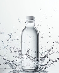 Close-up of a transparent bottle of water with water splashes isolated on a white background, showcasing purity and freshness.