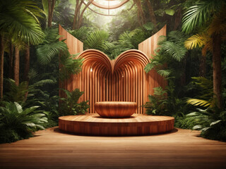 Poster - Wooden podium in tropical forest for product presentation