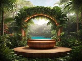 Poster - Wooden podium in tropical forest for product presentation