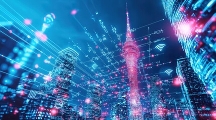 Futuristic Cityscape with Neon Lights  Network  and Wi Fi Symbols