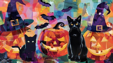 Vibrant Halloween Collage Featuring Pumpkins Black Cats and Witches Hats in Modern Art Style