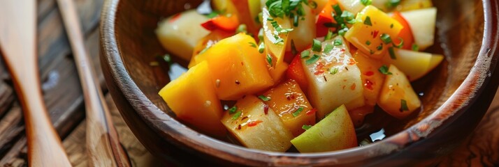 Wall Mural - Close-up of a traditional dessert featuring a variety of tropical fruits such as mango, papaya, pineapple, guava, apple, ambarella, and jicama, served in a sweet and tangy dressing.