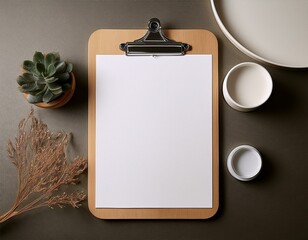 Mock up clipboard with white paper on top, minimalist table background, Ai generated Images