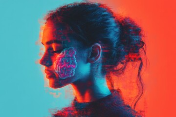 Sticker - Profile of a woman with digital patterns overlaying her head reflecting the fusion of human identity and technology in a modern futuristic world