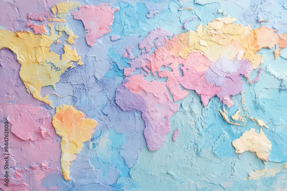 Colorful textured world map art in pastel hues on a wall Stock Photo ...