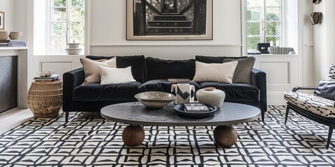 Wall Mural - Monochrome living room featuring a sofa and patterned carpet