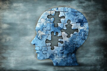 Poster - Digital illustration of a human head with blue puzzle pieces symbolizing the complexity of cognitive processes problem solving and the integration of thought and identity