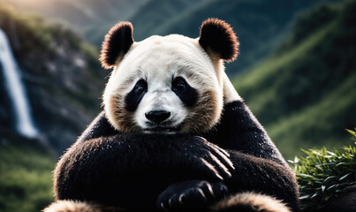 Wall Mural - a giant panda rests its head on its paws in a lush green forest, near a waterfall