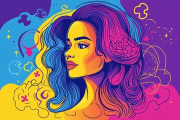 Wall Mural - pop art style illustration of a woman with vibrant hair and brain imagery representing creative thou