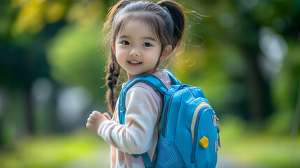 asian child girl with backpack. back to school.