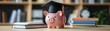 © Chanoknan - Desk scene with piggy bank in graduation cap, saving for education concept, books and clock in background, financial planning, academic investment