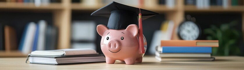 Desk scene with piggy bank in graduation cap, saving for education concept, books and clock in background, financial planning, academic investment