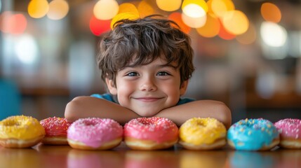 Portrait of a Smiling Child Boy with Colorful Donuts on a Table in a Bright and Cheerful Setting