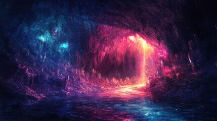 Sticker - Fantasy Cave with Neon Glowing Light and Water