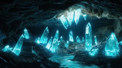 Wall Mural - Glowing Crystal Cave with Water Stream