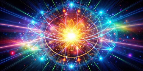 Vibrant glowing atom reactor bursting with vibrant energy and cosmic particles, energy, vibrant, glowing, atom, reactor