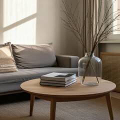 A modern, minimalist living room, stylish gray couch, round wooden coffee table with books, vase with dried branches, soft natural light through window, neutral color palette, cozy textured accents