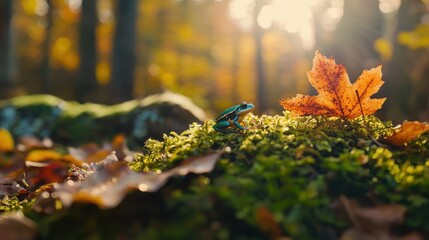 Wall Mural - Green and Blue Poison Dart Frog on Moss in Autumn Forest