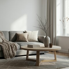 A modern, minimalist living room, stylish gray couch, round wooden coffee table with books, vase with dried branches, soft natural light through window, neutral color palette, cozy textured accents