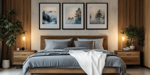 A cozy bedroom interior, wooden bed frame with gray bedding, two nightstands with table lamps, three framed landscape photos on the wall depicting trees and misty scenery, minimalist decor with a pott