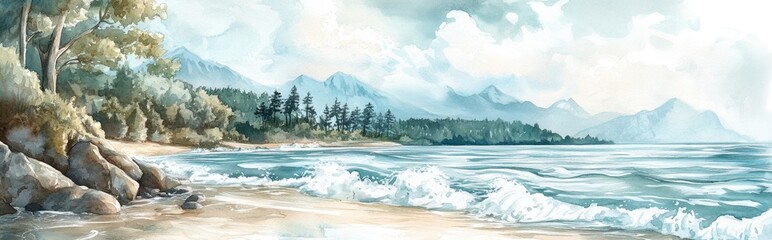 Wall Mural - Watercolor illustration of coastal scenery featuring waves sea and forest elements