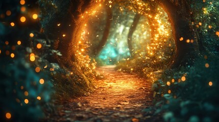 Sticker - Magical Forest Path with Glowing Lights and Falling Leaves