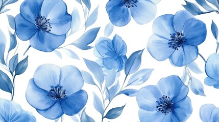 Poster - Watercolor illustration of blue flowers and leaves suitable for textile interior design wallpaper decoration wrapping and backdrop applications