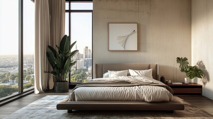 modern bedroom, minimalist design, large windows, natural light, city view, cozy bed, neutral tones, contemporary furniture, wooden floor, indoor plants, urban living, luxurious decor