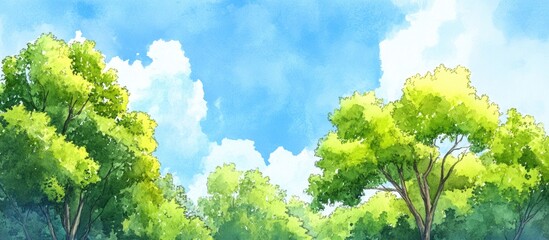 Watercolor illustration of green trees set against a blue sky backdrop