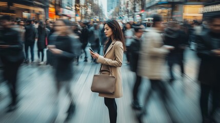 a woman stands still amid the busy city street, using her phone while pedestrians rush by in the aft