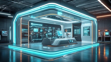 Wall Mural - futuristic control room with neon lights and digital interface