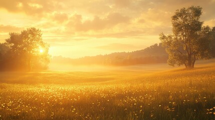 Poster - Golden Hour Meadow Landscape with Tree Silhouette and Mist