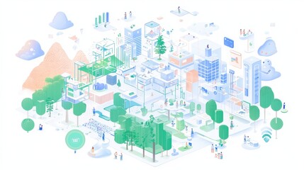 Poster - Isometric Cityscape with People  Trees  Buildings and Clouds