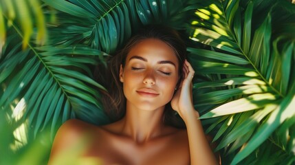 Wall Mural - A woman relaxes surrounded by vibrant green tropical leaves in a serene outdoor setting during a sunny day