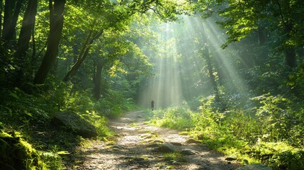 Poster - Sunbeams Through Forest Trees  Pathway  Sunlight  Nature  Green